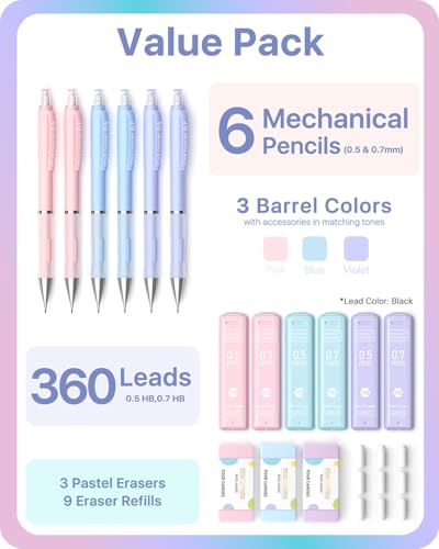 Four Candies Cute Pastel Mechanical Pencil Set, 0.5/0.7mm, 6 Pack | 360 Lead Refills, 3 Erasers, 9 Eraser Refills, Storage Case, Non-Slip Grip, Fine & Everyday Lines for Writing & Drawing - style: 0.5mm+0.7mm