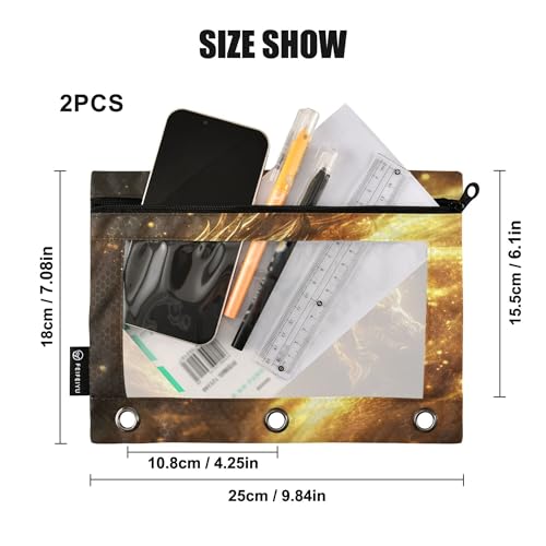 Dragon Golden Light Binder Pouches 3 Ring for Boys Girls School Office College Supplies Dinosaur Monster Dino Pencil Pouches Case Bag with Clear Window and Zipper 2 Pack - color: Dragon