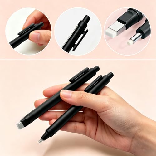 4 Pack Retractable Mechanical Eraser Pen Set (4 Black) with 20 Refills (10 Rectangular,10 Round Tips), Precision Erasers for Artists Drawing, Office & Students - color: Black