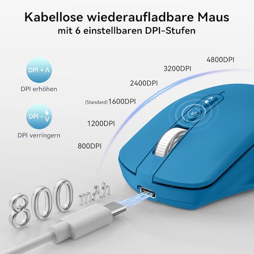 TECKNET Wireless Mouse Jiggler, Rechargeable Mouse with Built-in Mouse Mover, 6 Adjustable DPI & 14 LED Modes, Silent Click, Undetectable Random Movement Keeps Computer Awake for Laptop/PC/Mac- Blue - color: Blue
