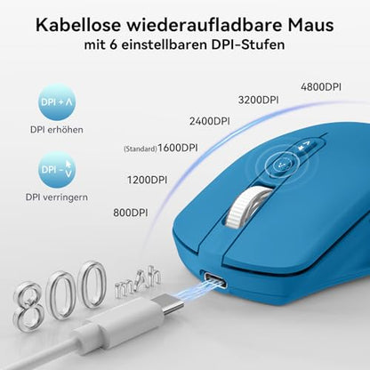 TECKNET Wireless Mouse Jiggler, Rechargeable Mouse with Built-in Mouse Mover, 6 Adjustable DPI & 14 LED Modes, Silent Click, Undetectable Random Movement Keeps Computer Awake for Laptop/PC/Mac- Blue - color: Blue