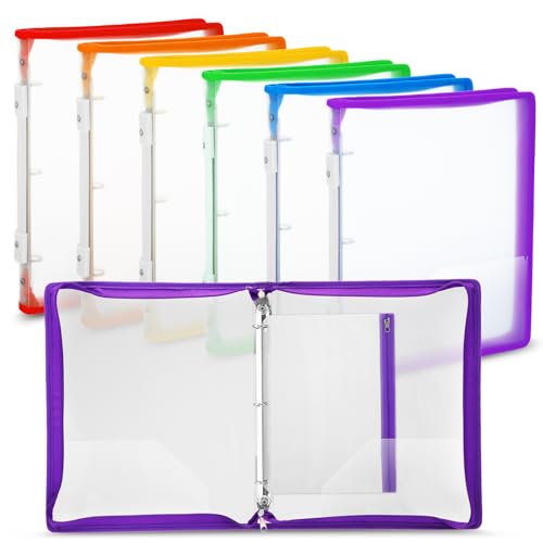 Fulmoon 6 Pack 1 Inch Zipper Binder, 3 Ring Binder with 2 Interior Pockets, Plastic Pencil Pouch, Expanding File Zippered Holds 8.5''x11'' for Projects, Assignments, Memos, School Work (Clear) - color: Clear