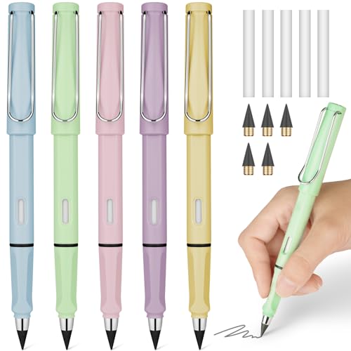 Ainiv Inkless Pencil with Eraser, 5 Sets Infinity Pencil Everlasting Pencil, Reusable Infinite Pencil with Extra 5 Eraser & 5 Replaceable Nibs, Endless Pencil for Home Office School Writing Drawing - color: 5PCS-Macaron color