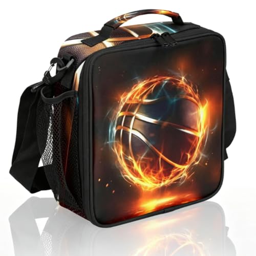Flame Basketball Boys Lunch Box for School Insulated Kids Lunch Box Reusable Leakproof Lunch Bag Thermal Cooler Tote Picnic Lunchbox with Adjustable Shoulder Strap Back to School Gifts for Teens Boys - color: Flame Basketball