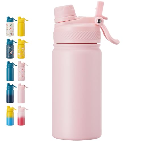 Fijinhom 12 oz Kids Water Bottle, 2-in-1 Stainless Steel Vacuum Insulated Water Bottle for Toddler, Leak Proof Spout & Straw, Double Wall Thermal Flask for Boys&Girls, School, Outdoor, Travel (Pink) - color: Light Pink, size: 12 Ounces