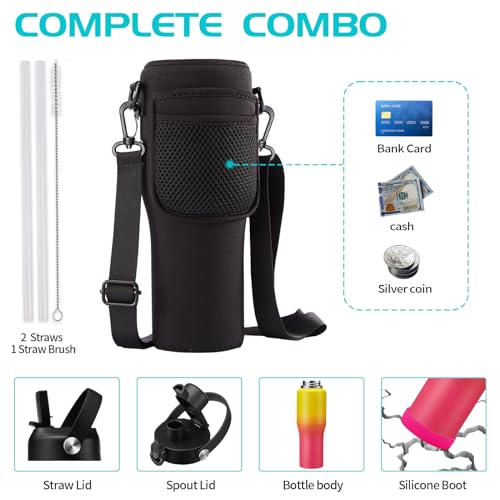 32oz Stainless Steel Water-Bottle with Straw -Keeps Cold 48h & Hot 24h, Insulated Water Bottles w/Strap Carrier Pouch & Boot, Travel Cup Fits in Car Cup Holder - color: Yellow Rose-red, size: 32 Ounces