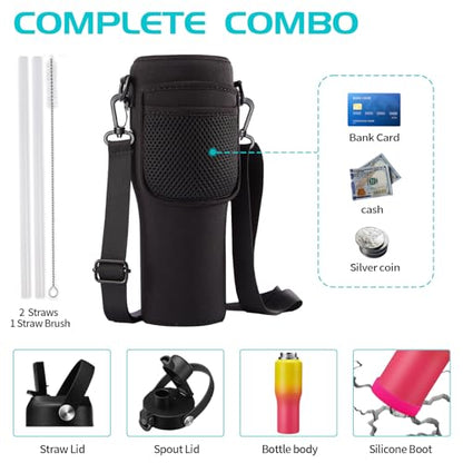 32oz Stainless Steel Water-Bottle with Straw -Keeps Cold 48h & Hot 24h, Insulated Water Bottles w/Strap Carrier Pouch & Boot, Travel Cup Fits in Car Cup Holder - color: Yellow Rose-red, size: 32 Ounces