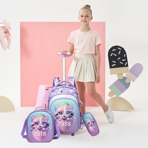 Meetbelify Cute Cat Girls Rolling Backpack with Wheels Kids Luggage for Elementary Students Trolley Trip Carry On Bag for Girls Ages 6-8 - color: 01 Cat