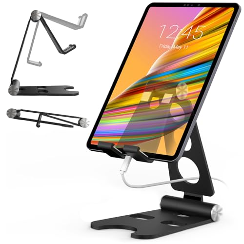 Kado Tablet Stand with Cord Holder Aluminum Alloy Foldable Phone Stand | Compatible with iPad mini/Air/Pro 11/12.9, Galaxy Tablet/Phone, iPhone Pro/Max/Plus, Kindle, Portable Monitor Display 4"-16'' - size: Black