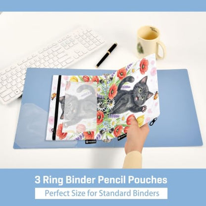 Gredecor 3 Ring Binder Pencil Pouch, Black Kitten Ladybug Poppy Zippered Pen Case Pouches with Clear Window, 2 Pack Stylish Office & School Supplie - color: Black Kitten Ladybug Poppy