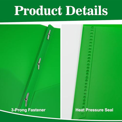 12-Pack Plastic Folders with Pockets and Prongs, 2-Pocket Poly Folders with 3 Fasteners Holds 8-1/2" x 11" Paper for School/Office/Home, Green - color: Green, size: 12-Pack