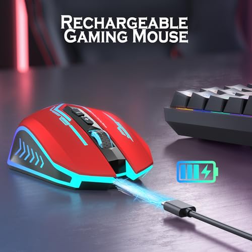 UHURU Gaming Mouse, Wireless Gaming Mouse with 7 Buttons 7 Changeable LED Color up to 12000 DPI, Rechargeable USB Gamer Mouse for PC Laptop (Red) - color: red