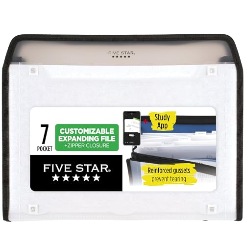 Five Star Expanding File Organizer + Study App, 7-Pocket Accordian File Organizer, Zipper Closure, Holds 8-1/2" x 11" Paper, White (350099E-ECM) - color: White, size: Pack of 1