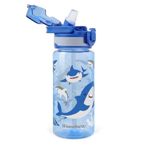 Kids Water Bottle for School, 20 Oz Plastic Straw Water Bottle with Silicone Spout and Leakproof Cover, Dishwasher Safe (Shark) - color: Shark, size: 20 Ounces