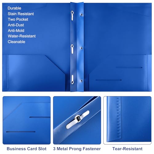 Tenceur 48 Pack Plastic Folders with 3 Prongs Bulk Heavy Duty Folders with Clear Front Pockets and Card Slots with Fasteners Fit Letter-Size Papers for Work School Office (Blue)