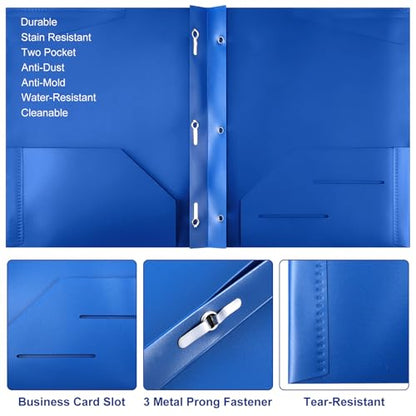 Tenceur 48 Pack Plastic Folders with 3 Prongs Bulk Heavy Duty Folders with Clear Front Pockets and Card Slots with Fasteners Fit Letter-Size Papers for Work School Office (Blue)