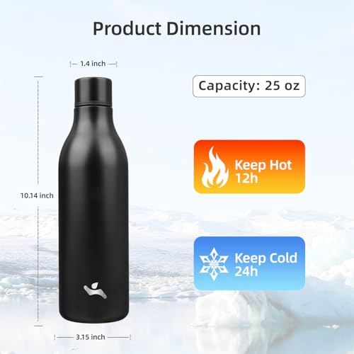 Konokyo Insulated Water Bottle with Strap,25 oz Double Wall Stainless Steel Vacuum Bottles Metal Water Flask,Black - color: Black, size: 25 Ounces
