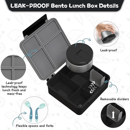 Aimsnk Kids Lunch Box with Thermo Insulated Lunch Bag for School, Black | Kids Bento Lunch Box with 8oz Food Jar, Leak Proof Hot Soup Lunch Containers with 4 Compartment, Warm Lunchbox for Toddler - color: Black