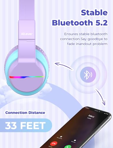 iClever BTH12 Kids Bluetooth Headphones,Colorful LED Lights Kids Headphones Wireless,74/85dBA Safe Volume,85H Playtime,Fast Charging,Bluetooth 5.2,Over Ear,Built-in Mic for iPad/Tablet/Airplane,Purple - color: Purple