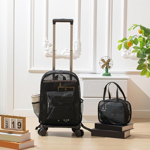 Amylove 17'' Rolling Clear Backpack Set Heavy Duty Bags with Pockets Wheeled See Through Backpack(Black,Novelty,Mesh) - color: Black, style: Novelty