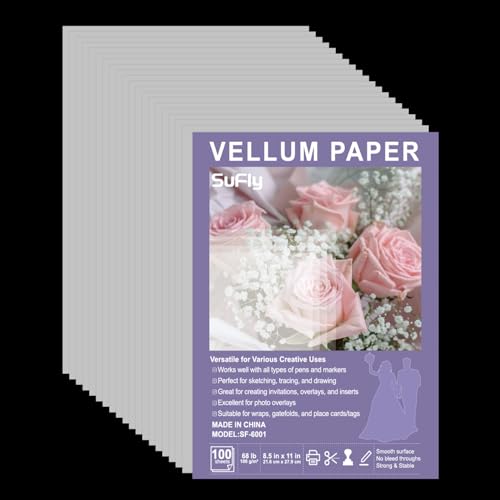 Vellum Paper 8.5 x 11 Translucent Printable, 100 Sheet（100gsm/68lb Vellum Tracing Paper, Translucent Vellum Paper for Invitation, Greeting Cards, Tracing Paper Pad for Drawing, Sketching, Writing - size: 8.5" x 11", 100 Pack