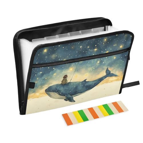 Starry Sky Girl with Whale Expanding File Folder, 13 Pockets Accordion File Organizer with Sticky Labels Zipper Portable A4 Document Organizer for Office School Supplies Travel