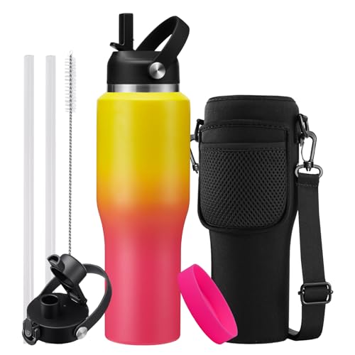 32oz Stainless Steel Water-Bottle with Straw -Keeps Cold 48h & Hot 24h, Insulated Water Bottles w/Strap Carrier Pouch & Boot, Travel Cup Fits in Car Cup Holder - color: Yellow Rose-red, size: 32 Ounces