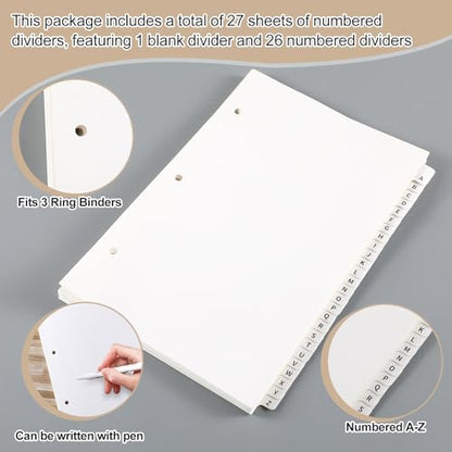 Sayglossy 1 Set A to Z Tab Alphabet Dividers for 3 Ring Binder 5 1/2 x 8 1/2 Inch Binder Dividers Customizable Table of Contents Page with A to Z Tabs for Student Teacher Office Organize (White) - color: White