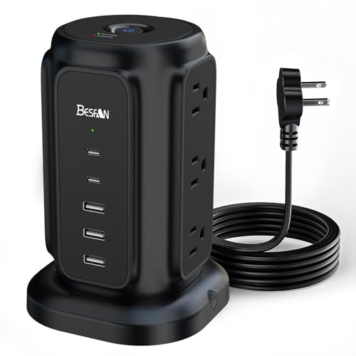 Ultra Slim Flat Plug Power Strip 6.5ft | 9 Outlets and 5 USB Ports (2 USB C), 1200J Surge Protector, Ultra Thin Extension Cord, 45° Angled Flat Plug - color: Black