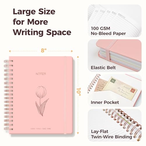 Hardcover Spiral Notebook Journal for Women & Men, Cute 5 Subject Notebook College Ruled for School & Work, Pink Journaling Notebooks with Removable Dividers Tabs, 8" x 10", 300 Pages, Tulip - color: Pink Tulip