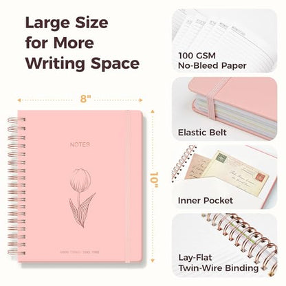 Hardcover Spiral Notebook Journal for Women & Men, Cute 5 Subject Notebook College Ruled for School & Work, Pink Journaling Notebooks with Removable Dividers Tabs, 8" x 10", 300 Pages, Tulip - color: Pink Tulip