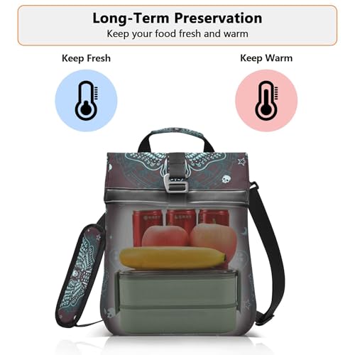 MNSRUU Insulated Lunch Bags Women Men, Butterfly Skull Mysticism Portable Reusable Thermal Meal Tote Cooler Bag Organizer, Adjustable Shoulder Strap, Handle - color: Skulls 183