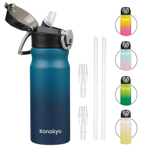Konokyo 18 oz Insulated Stainless Steel Sports Water Bottle with Straw Lid | BPA-free, leak-proof reusable sports bottle with carry loop for gym, office, hiking, camping, travel & hydration - color: Indigo Black, size: 18 Ounces