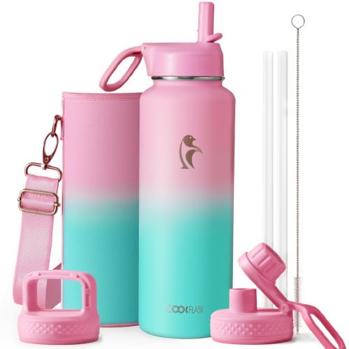Coolflask 40 oz Water Bottle Insulated with Straw & 3 Leakproof Lids | Water Flask Stainless Steel Triple-Wall Vacuum,Cold 48+h,Dishwasher Safe,Wide Mouth, BPA-Free,Carrier Bag,for Gym,Hiking - color: Bubblegum Princess, size: 40 Ounces