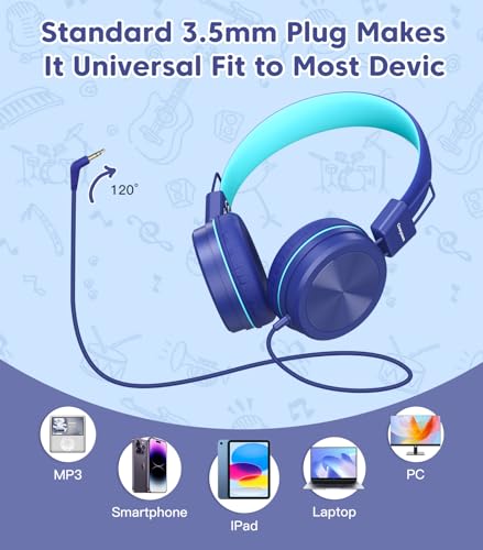 Cowyawn Kids Headphones, Toddler Headphones with Safe Volume Limiter 94dB, Wired School Headphones for Kid, 3.5mm Adjustable On-Ear Headphone for Boys/Girls/Children/Teens/iPad/Computer, Dark Blue - color: Dark Blue