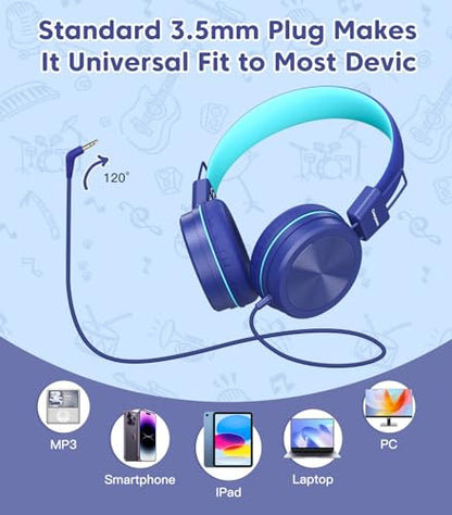 Cowyawn Kids Headphones, Toddler Headphones with Safe Volume Limiter 94dB, Wired School Headphones for Kid, 3.5mm Adjustable On-Ear Headphone for Boys/Girls/Children/Teens/iPad/Computer, Dark Blue - color: Dark Blue