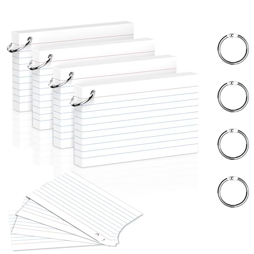 200 Count 3 x 5 Inch White Index Cards with Binder Rings, Lined & Blank Study Cards, Thick Cardstock Flash Cards for Students & Teachers, Color-Coded Notecards for School, Home, Work - color: White-Rings