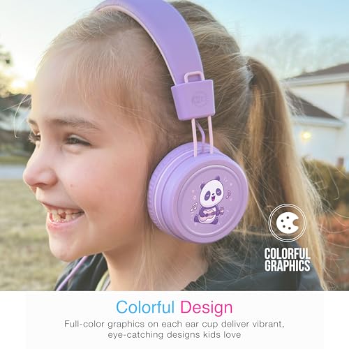 MEE audio KidJamz KJ55 Wired Children’s Headphones with 3.5mm Plug, Colorful Graphics, Volume Limiter & Microphone, Adjustable On-Ear Kids Headset for Online Learning/School/Travel/Tablet (Lavender) - color: Lavender, style: Standard