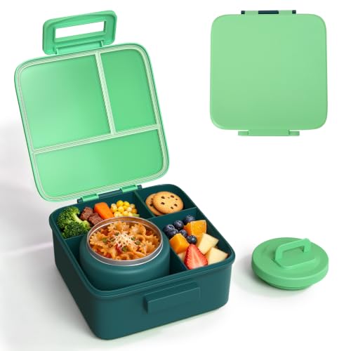 Bento Lunch Box for Kids with 8oz Thermo Containers for School,Camping | Vacuum Insulated Food Jar,Leakproof Silicone-Seal,5 Compartments with Dividers,Dishwasher & Refrigerator Safe,BPA-Free - color: Green