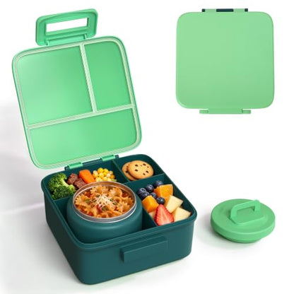 Bento Lunch Box for Kids with 8oz Thermo Containers for School,Camping | Vacuum Insulated Food Jar,Leakproof Silicone-Seal,5 Compartments with Dividers,Dishwasher & Refrigerator Safe,BPA-Free - color: Green
