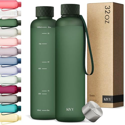 KIVY Slim Water Bottle 32oz Tritan - Lightweight & Shatterproof - BPA-Free | Reusable Tritan Water Bottle with Measurements - Leak Proof Bottle for Women & Men - Dishwasher Safe - Skinny Water Bottle - color: 01 Dark Green, size: 32 Ounces