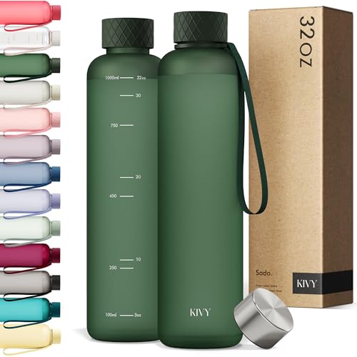 KIVY Slim Water Bottle 32oz Tritan - Lightweight & Shatterproof - BPA-Free | Reusable Tritan Water Bottle with Measurements - Leak Proof Bottle for Women & Men - Dishwasher Safe - Skinny Water Bottle - color: 01 Dark Green, size: 32 Ounces