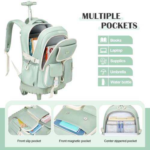 DIGOBAY Rolling Backpack for Girls, Girls Roller Backpack with Lunch Bag and Pencil Case, School Bookbag with Wheels for Elementary Middle High School Travel, Green - color: Green
