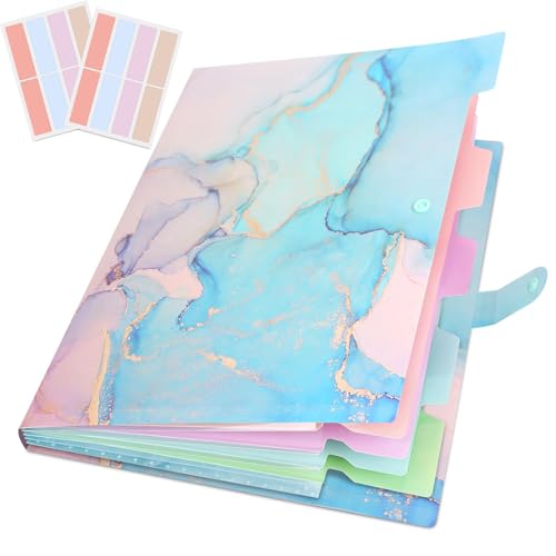 Expanding File Folder, Aesthetic Folders for School, Accordion File Organizer, Aesthetic Folder with Labels,5 Pockets Important Document Folders for School Office Home(Cyan Gold) - color: Cyan Gold Marble