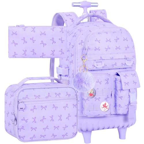WZLVO 3PCS Girls Rolling Backpack, Water Resistance Roller Bookbag, Women Aesthetic Wheeled School Bag Set with Lunch Box & Pencil Bag for Teens & Kids - Purple Bow - color: 3pcs Girls Rolling Backpack - Purple Bow