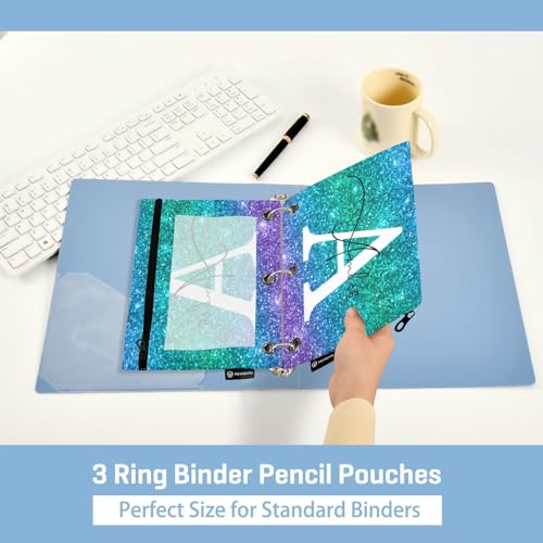 Personalized Pencil Pouch for 3 Ring Binder Glitter Blue Green Violet Custom Pencil Pouches Case Binder Cosmetic Bag 2 Pack for Office School College Supplies - color: Glitter Blue Green Violet