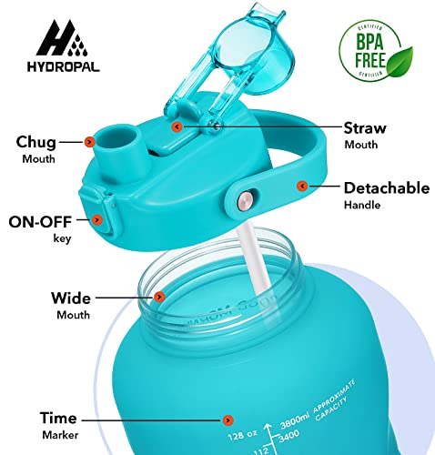 HydroPal 1 Gallon Water Bottles with Straw, 128 oz Water Bottle BPA Free Innovative 2-IN-1 Lid Gym Bottle with Times to Drink Motivational, Large for Sports Fitness Camping Water Jug （13.8X5.5 inch） - color: Azure Crystal