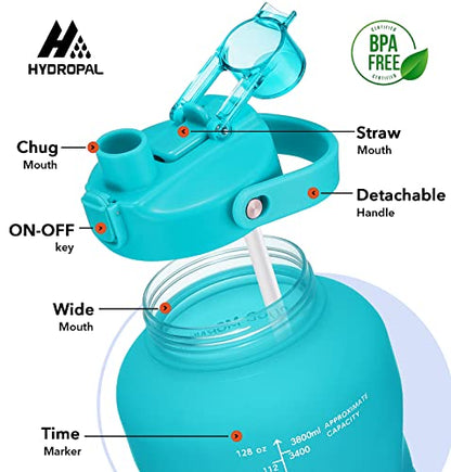 HydroPal 1 Gallon Water Bottles with Straw, 128 oz Water Bottle BPA Free Innovative 2-IN-1 Lid Gym Bottle with Times to Drink Motivational, Large for Sports Fitness Camping Water Jug （13.8X5.5 inch） - color: Azure Crystal