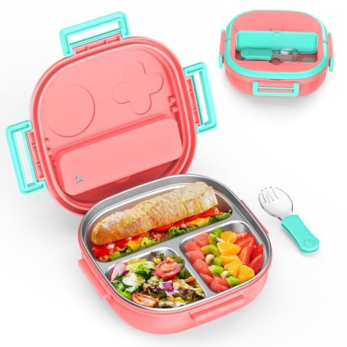 PEDECO Bento Box for Kids Stainless Steel - 3-Compartment - Complete Lunch Set with Portable Utensil - Ideal for Children Under 8 Years Old - Dishwasher Safe & BPA-Free(Pink) - color: Stainless Steel-3-Compartment(Pink), size: Big