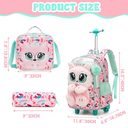 Cute Rolling Backpack for Girls,Lightweight Kids Backpack with Wheels,Wheeled School Bookbag with Pencil Case Lunch Box for Students - color: Pink Fox
